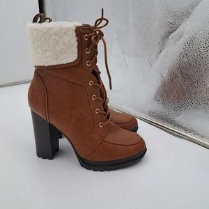 Just Fab Shandee Sherpa Block High Heel Boots Sherpa Trim Lug Sole 7